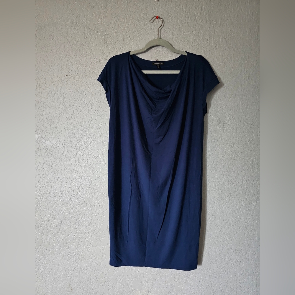Eileen Fisher Navy Draped-Neck Midi Dress